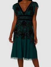 Adrianna Papell Women Green Velvet MIDI Flutter-Sleeve Embellished Dress Size 10