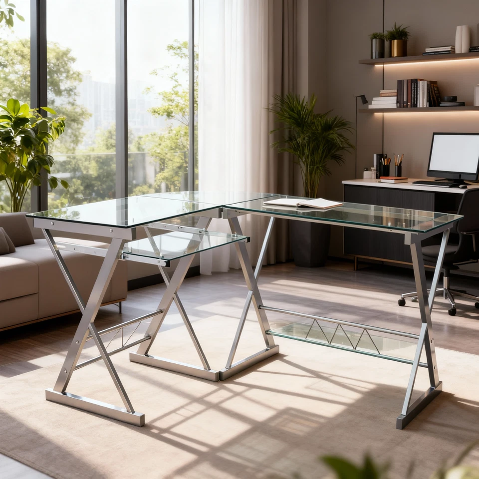 SCRIVANIA IN VETRO TEMPERATO ANGOLARE 4 PZ SET 2 PIANI + ANGOLO + PORTATASTIERA - Immagine 2 di 3