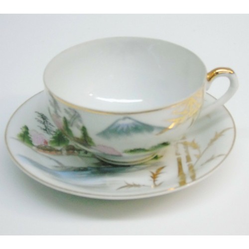 Japanese Moriage Lithopane Geisha Girl TEA CUP & SAUCER SET Mt Fuji 24k Gold VTG - Picture 6 of 8