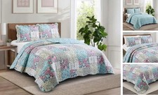 Lilac Rose Toile Quilt Set, 3-Piece Bedding Quilt Set Queen Lilac Egg Blue