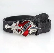 Y2k Ed Hardy Love Hurts’ Belt Black Leather With Heart Buckle