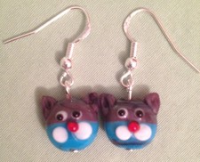 PURPLE/BLUE KITTY CAT HEAD EARRINGS - Glass Beads with Sterling Silver Ear Wires