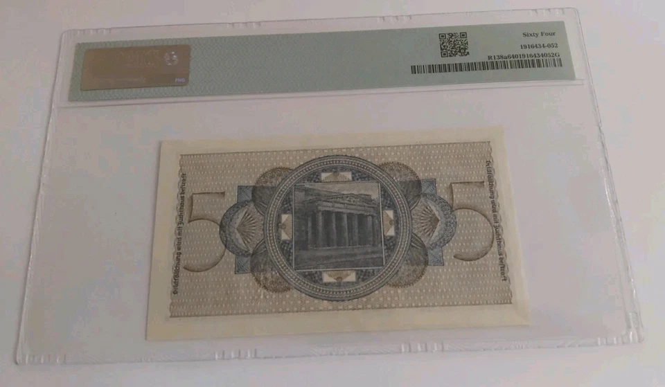 German WW2 PMG 64 Choice Uncirculated 5 Reichsmark Banknote - image 4 of 4