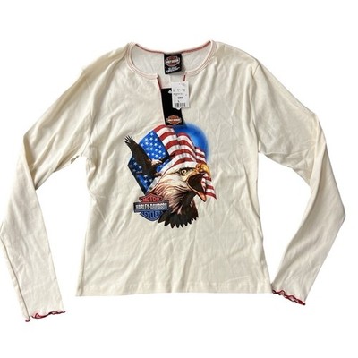 Harley-Davidson Long Sleeve Top Womens L Cream Eagle Flag Las Vegas Biker Y2K