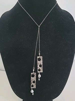 Grey Pearl Pewter Necklace Long Tie Close Chain Wrap Artisan Made Key West Gift