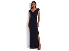 Lauren Ralph Lauren Jersey Off-the-Shoulder Side-Slit Column Gown Women's 2 Navy