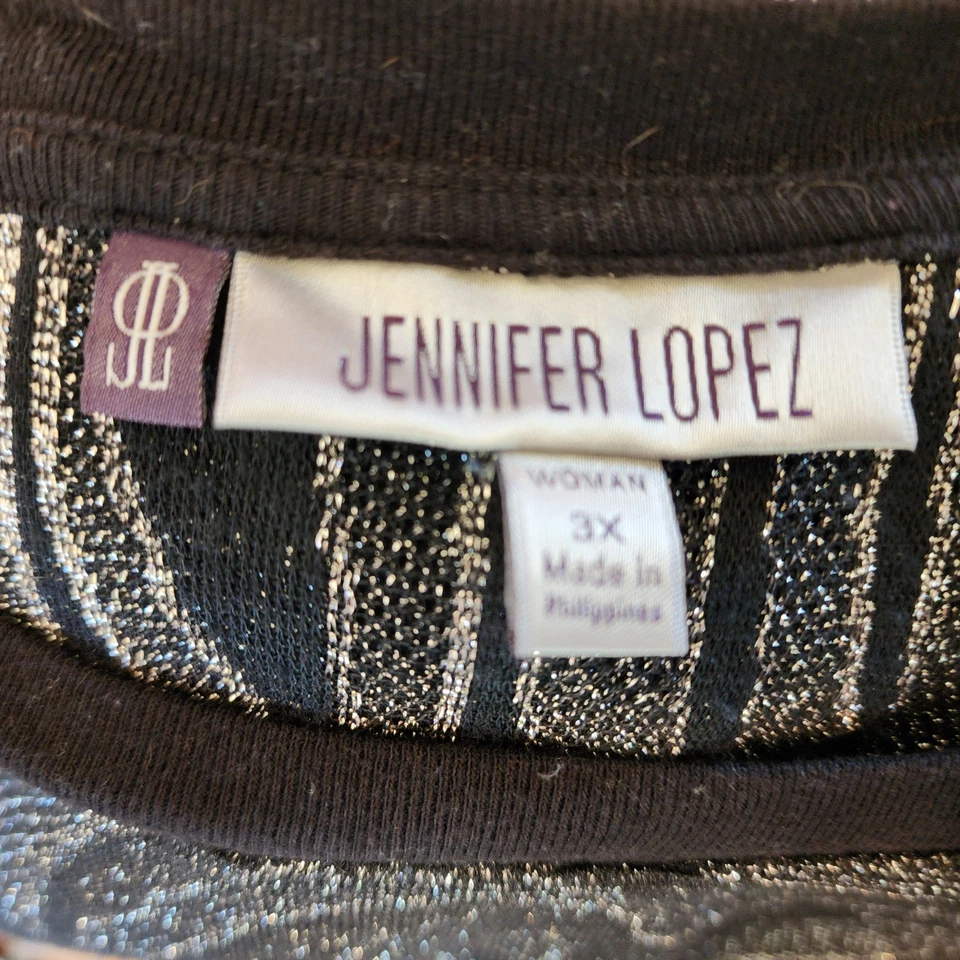 Jennifer Lopez Black Metallic Sheer Long Slv Top Glam Old Money Lux  Wimsy 3X - Image 2 of 4