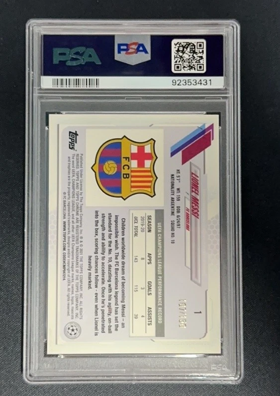 Lionel Messi 2020-21 Topps Chrome UCL Sapphire Edition Aqua /150 #PSA 10 - Image 2 of 2