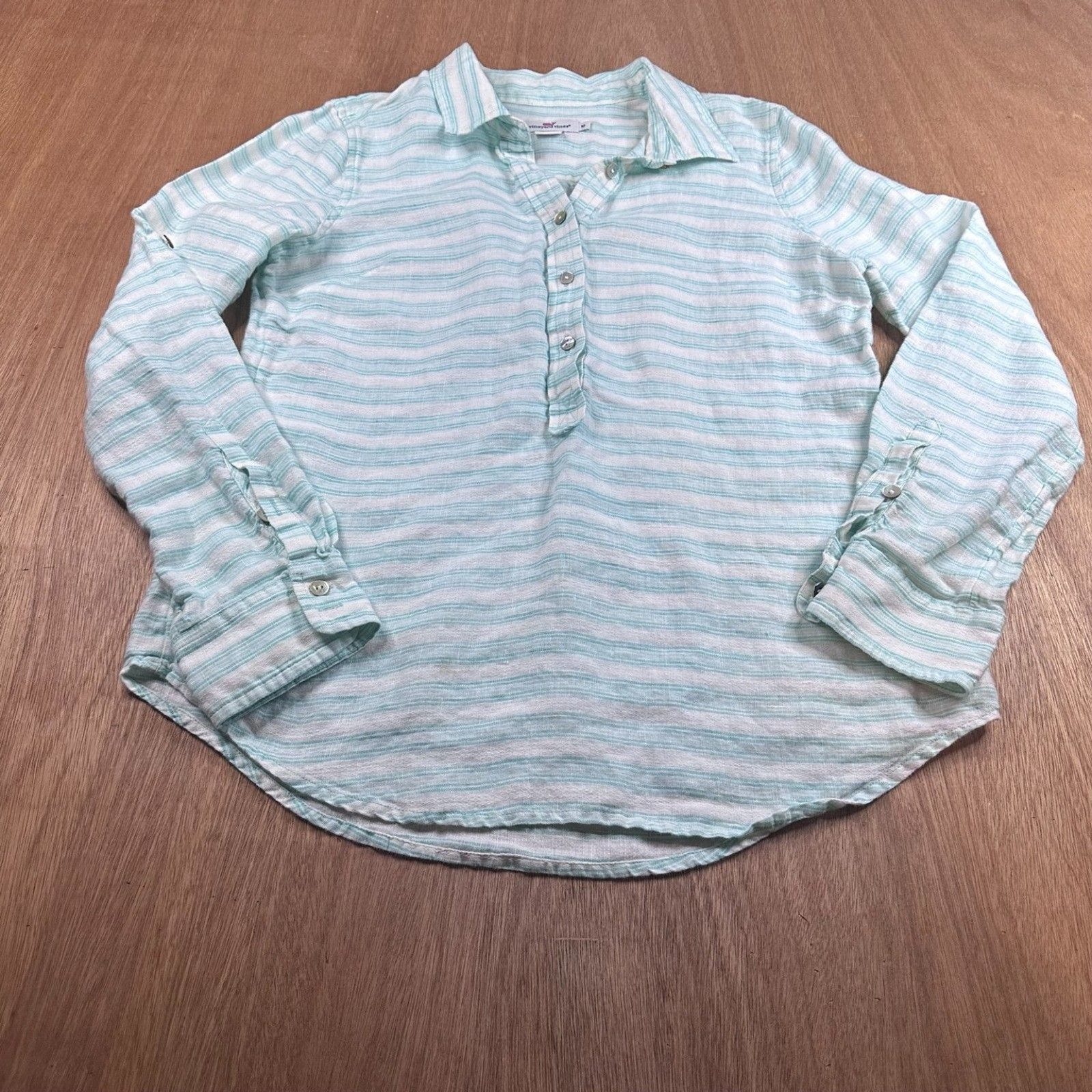 Vineyard Vines Linen Shirt Womens Sz 10 Green White Striped Roll Tab Sleeve Top