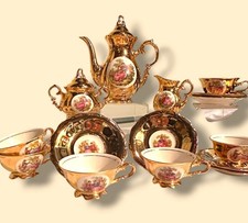 Vintage Bavarian Porcelain Gold Tea Set With Hand-Painted Romantic Scenes