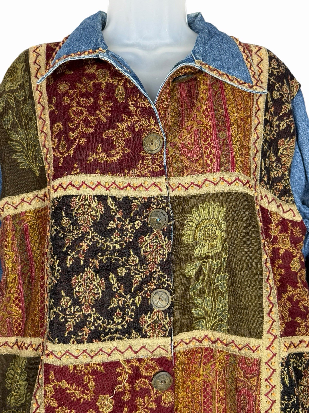 Vintage Patchwork Tapestry Denim Jacket Women’s L… - image 2