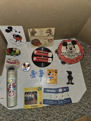 Vintage 50s Disney Mickey Mouse Toys,View-Master,Bat Op Car,MIB Telescope,Cards