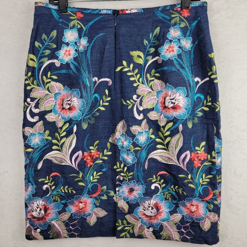 Whimsical Fairycore Denim Skirt 10 Lined Zip Embroidery Colorful Floral Bohemian - Picture 2 of 7