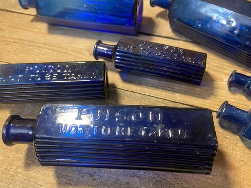 Vintage Blue Glass Poison Bottles Joblot Medical Antique Glass Collection X 7 - Picture 6 of 19