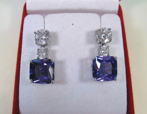 Boucles D'oreilles Pendantes Argent Sterling Bicolore Avec Améthyste Naturelle Et Zircone Cubique
