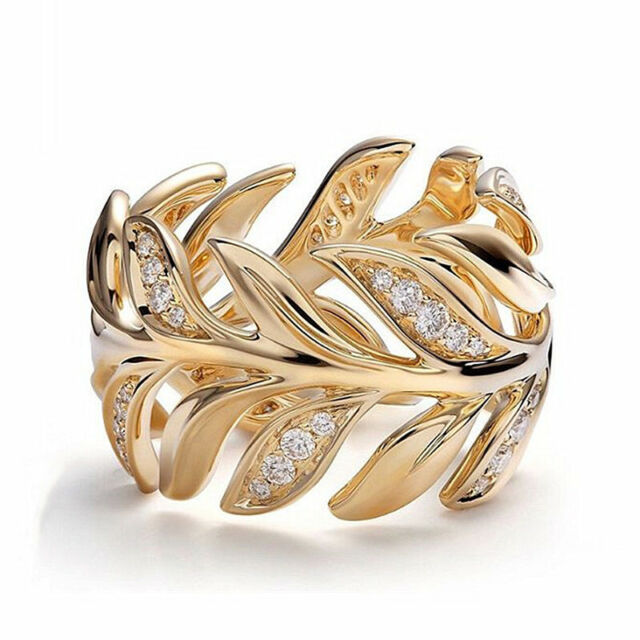 Elegant Leaf Women Ring 18k Yellow Gold Plated Cubic Zircon Jewelry Sz 6-10