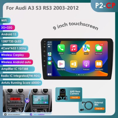 9'' QLED Screen GPS Navi Android 13 Car Stereo Radio WiFi BT For Audi A3 S3 RS3