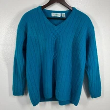 Persuasion Angora Sweater V Neck Lambswool Blend Teal Blue Cable Knit Large