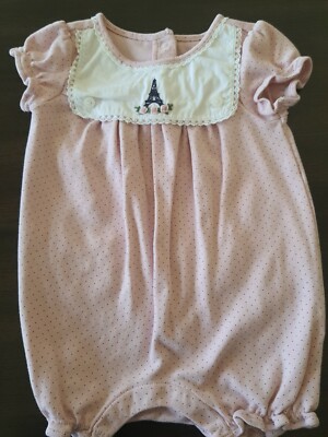 Janie & Jack Paris Eiffel Tower Pink Romper sunsuit 3 6 M Attached bib Roses
