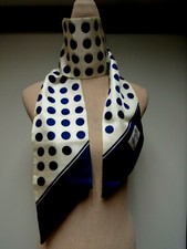 VTG GIULY Twill 5 3/4 x 60 1/2 Long Scarf Points Hand Painted Blue Polka Dots EU