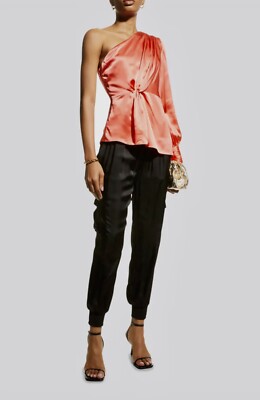 CINQ À SEPT Stace One Shoulder Silk Top Neon Coral Size XS