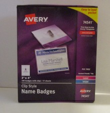 Avery 74541 Name Badge Holder Kit Laser Injet 3 in x 4 in 100 badges with clips
