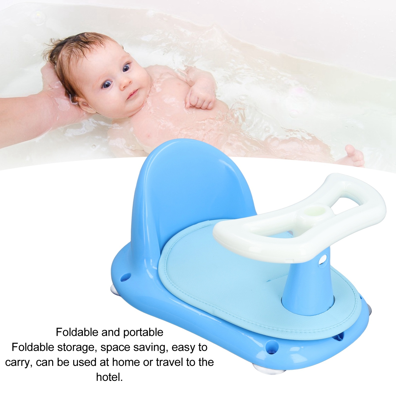 (Blue)Baby Bath Ergonomic Foldable Plastic Toddler Bath With Cushion