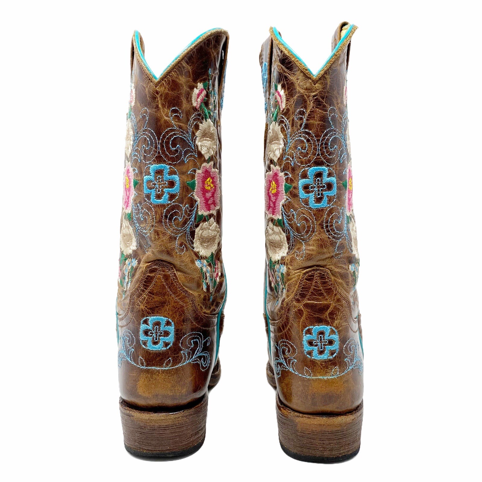 Macie Bean Rose Garden Brown Leather Boots Floral Pointed Toe Cowgirl