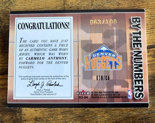 Carmelo Anthony 2003-04 Fleer Patchworks By the Numbers Rookie Patch /100 - Picture 2 of 2
