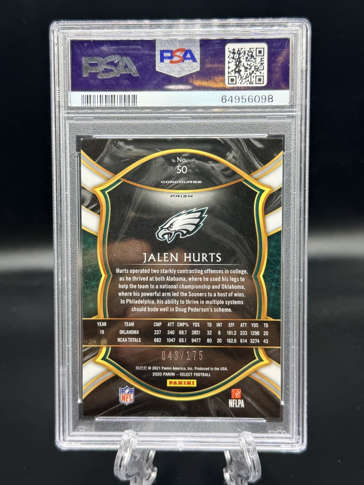 2020 Panini Select Jalen Hurts RC Blue Prizm Concourse /175 - PSA 10 - LOW POP view 2