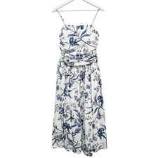 LOFT Floral Midi Dress Womens 2 Blue White Ruched Pockets Strappy Coastal Brunch