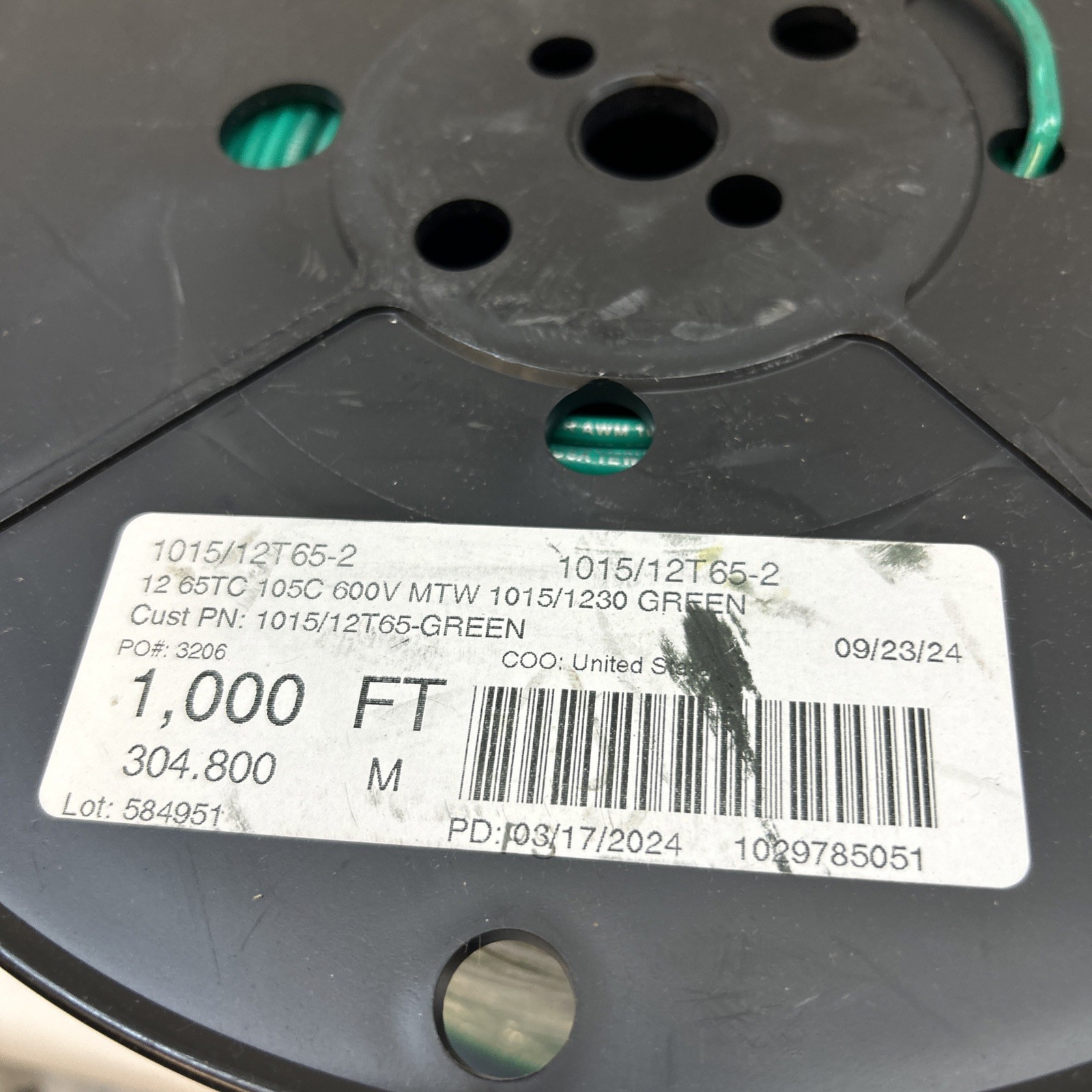 1000’ 12 AWG, UL 1015 Lead Wire, 65 Strand, 105C, 600V, Tinned copper PVC green