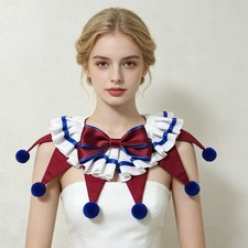 Clown Jester Neck Ruff Collar with Bow Ruffled Frill Pom Pom Choker for Carnival
