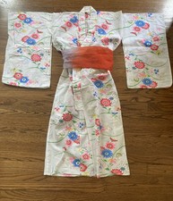 Vintage Japanese Floral Yukata Kimono Handmade Polyester Young Girls With Sash