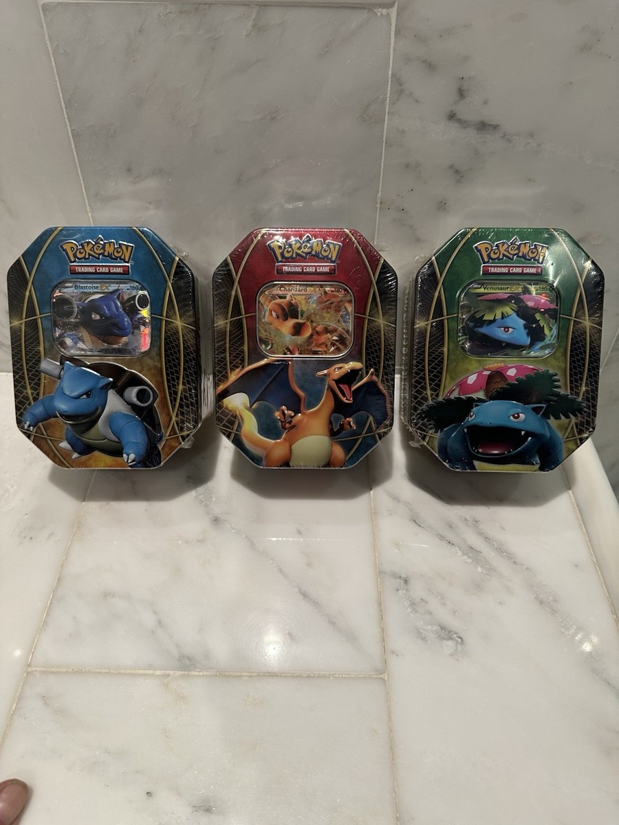 pokemon trading card game ex power trio tin All 3 Tins 2014 CHARIZARD EX, 2016 BLASTOISE ,& 16'VENUSAUR EX 🔥 🔥 POKÉMON TINS NOW IN