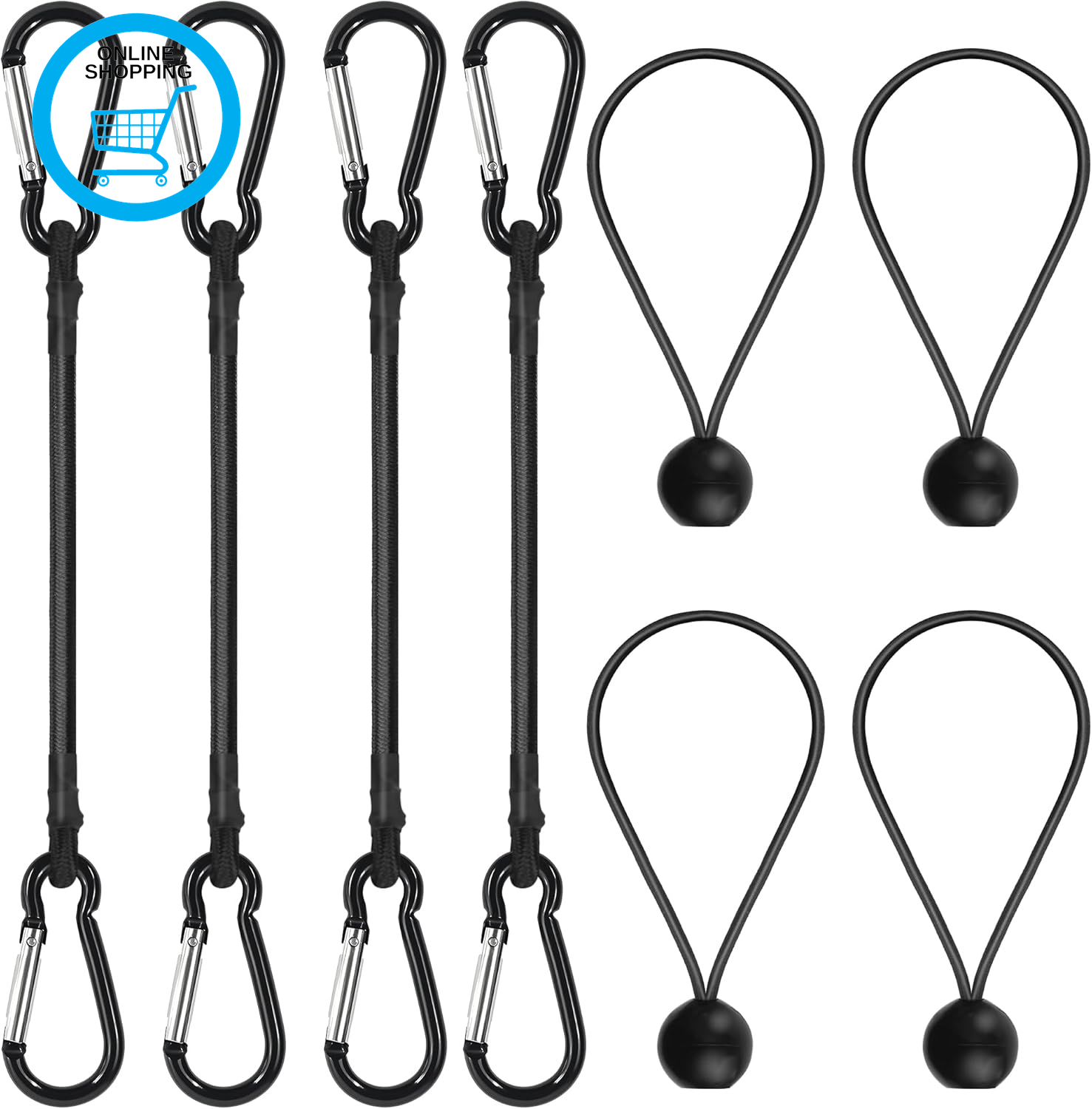 Bungee Cords with Hooks – 30Cm Elastic Tie down Straps with Carabiner, 4 Ball Bu