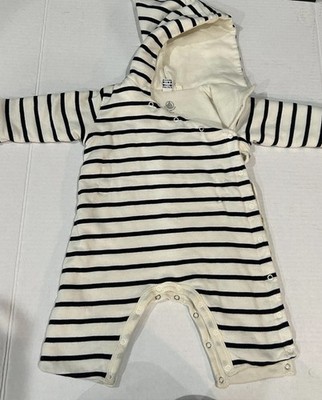 Petit Bateau Baby Romper White Navy Striped size 3 Month Jumpsuit Padded Hooded
