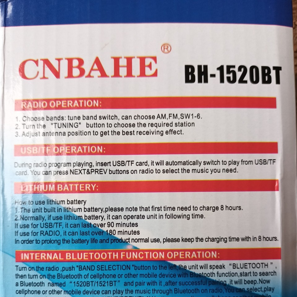 Rare CNBAHE BH-1520BT FM/AM/SW1-6 8 band radio inc USB/TF player | eBay UK