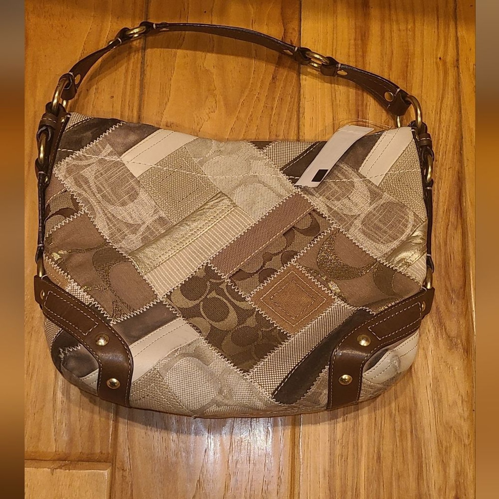 COACH SIGNATURE Vintage Y2K Carly Designer Khaki Patchwork Shoulder Bag Purse image 3