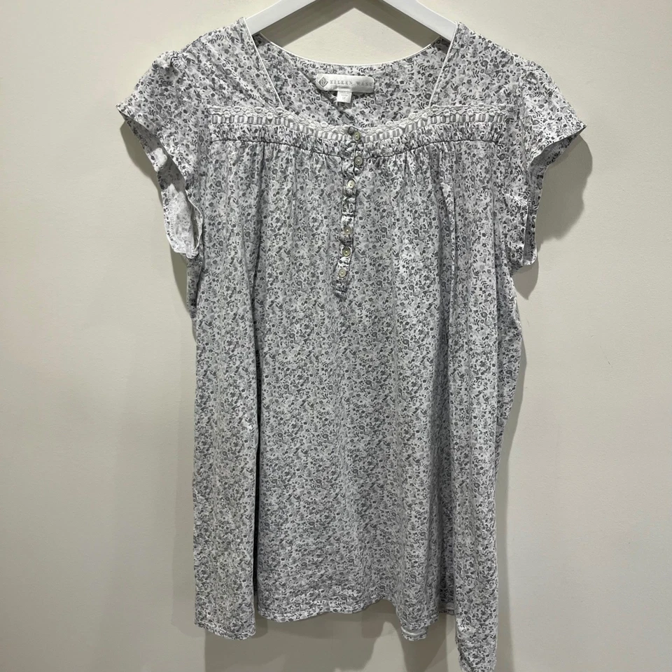 2 Eileen West Floral Nightgowns Sleep Shirt Womens 1X/XL Gray White Cozy Cottage - Image 3 of 4