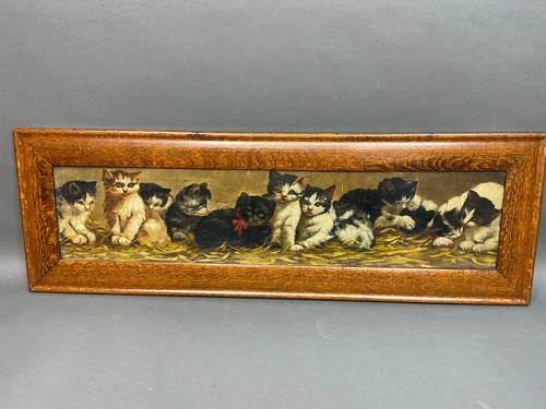 Bessie Bamber- Antique Oil w/Tiger Oak Frame,11 Kittens Portrait Study Cats