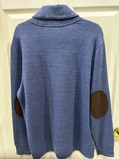 Cremieux Men's Pullover Sweater M Blue Solid Shawl Collar Patches