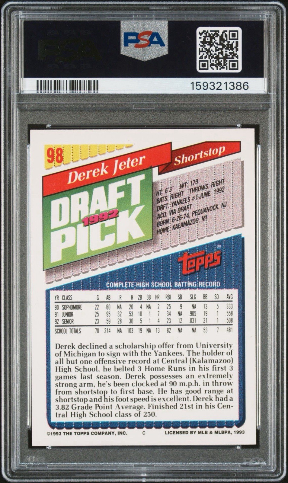 Topps Gold 1993 Derek Jeter Yankees #98 Gold RC Rookie PSA 9 Graded Card view 3