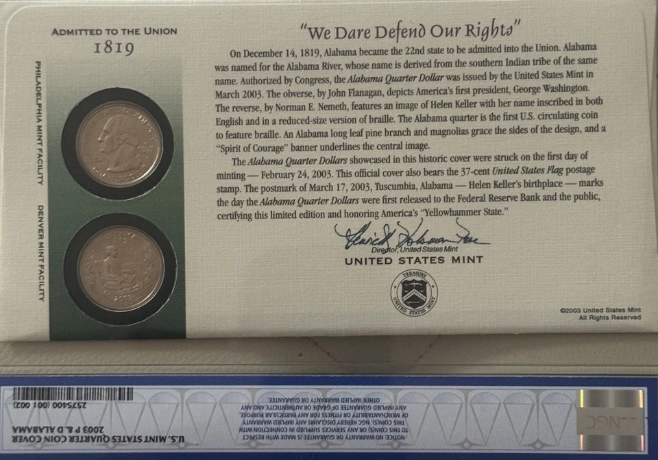 2003 P&D Alabama Quarter Coin Cover NGC MS64/MS66 FDOI - Image 2 of 2