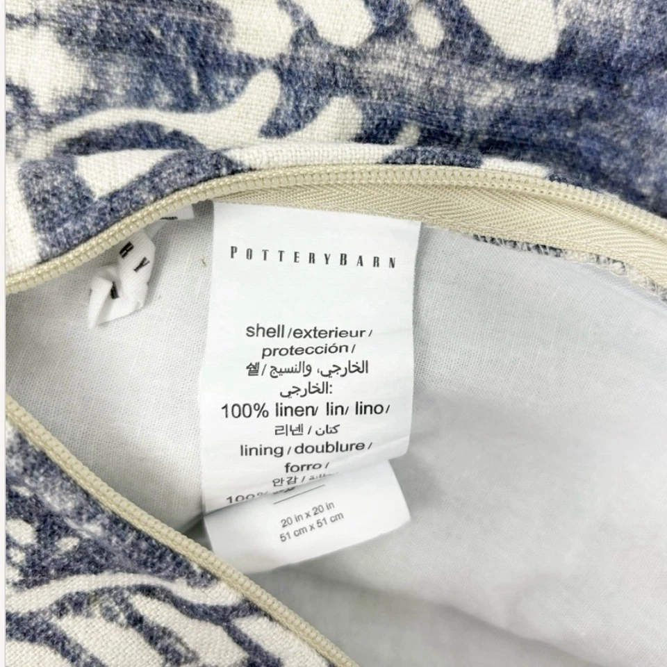 POTTERY BARN Indigo Blue Floral Linen BERNYCE Pillow Sham Zip Close 20” X 20” - Image 4 of 4