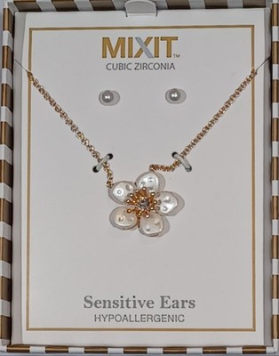 MIXIT Necklace & Earring Set Faux Pearl Stud Flower Pendant Silver Tone NIB Gift