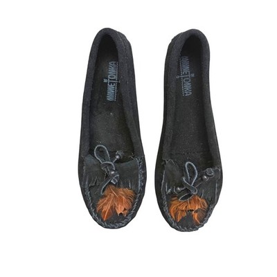 Minnetonka Women's Caprice Moccasin Shoes Sz 8 Black Feather Suede Leather Kilty