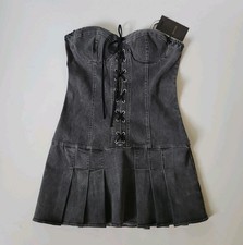 Strapless Denim Mini Tube Dress Medium Black Box Pleat Hem Coquette Edgy Grunge