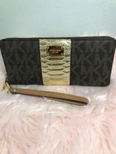 Michael Kors Brown And Gold Leather Logo Striped Wallet Wristlet