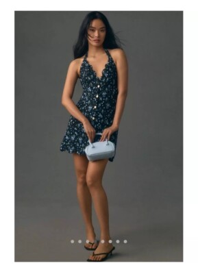 NWT Anthropologie Maeve Halter V-Neck Scallop Mini Dress Black & Blue  Floral 16! | eBay